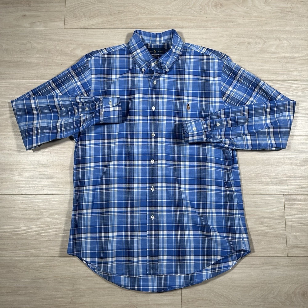 Polo Ralph Lauren Shirt Mens Large Blue Plaid Button Down Flesh Pony‎ Preppy